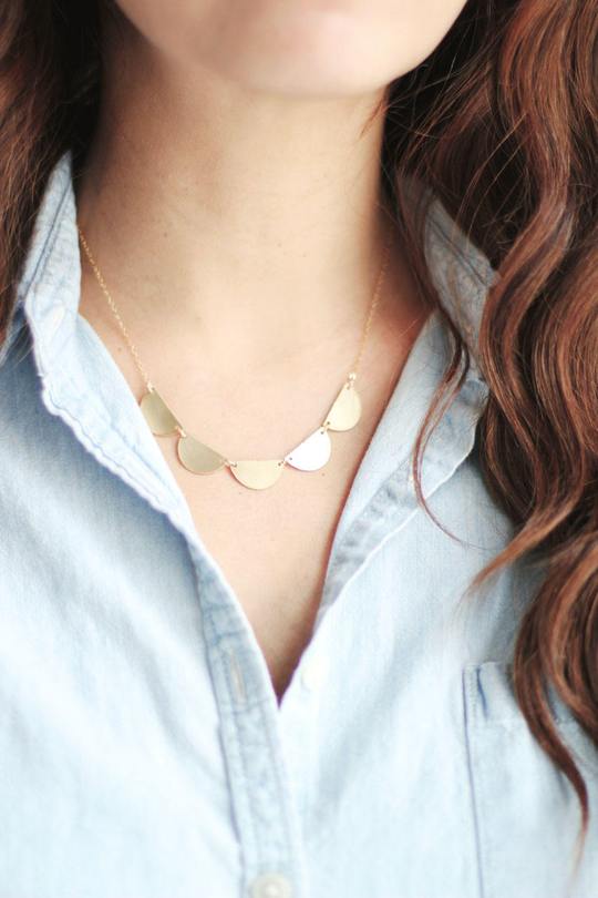 Scalloped Half Moon Necklace ~ Brass